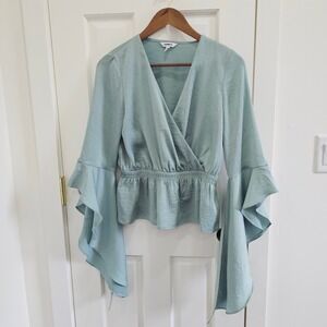 Express Womens Sage Green Wrap Peplum Blouse Dramatic Ruffle Bell Sleeve Small